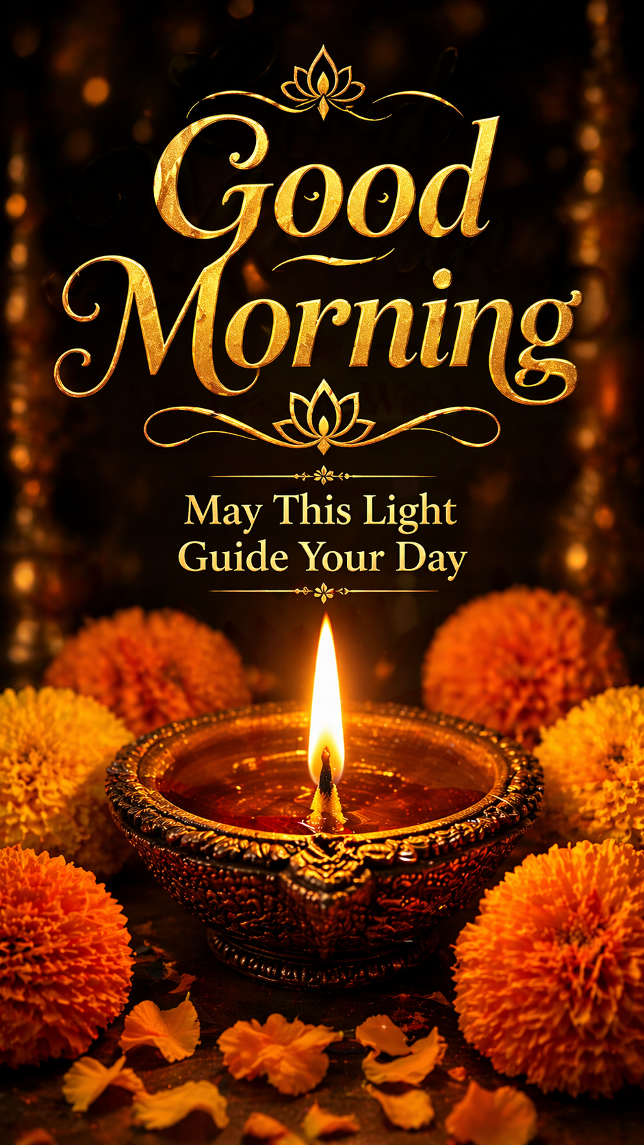 Good morning image diya oil lamp golden flame marigold flowers May This Light Guide Your Day